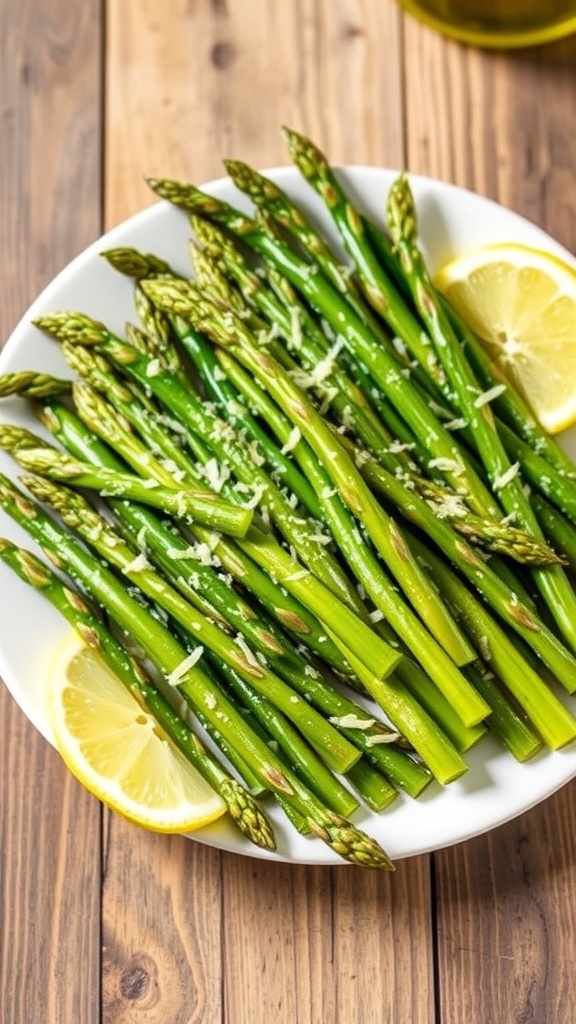 Crispy Air Fryer Asparagus Recipe Crispy air fryer asparagus spears with Parmesan cheese on a white plate, garnished with lemon.